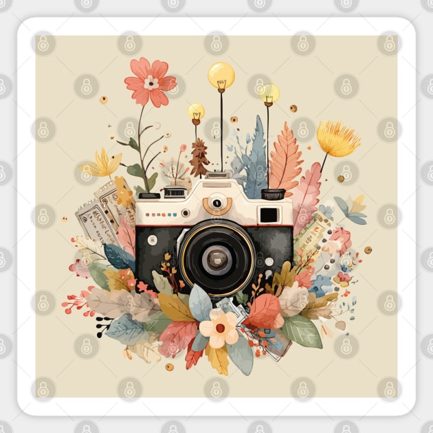 Vintage Camera in a Floral Wreath - Photographer & Travel Folk Art Sticker by TuncGK